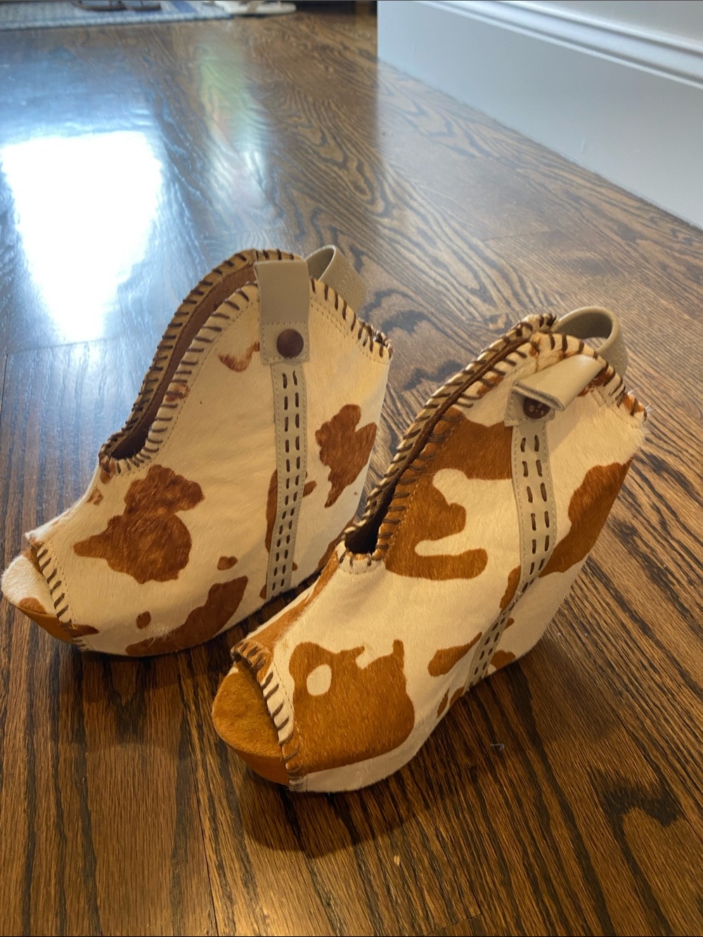 Jeffrey Campbell Cowhide Peep-Toe Wedges in Brown and Cream